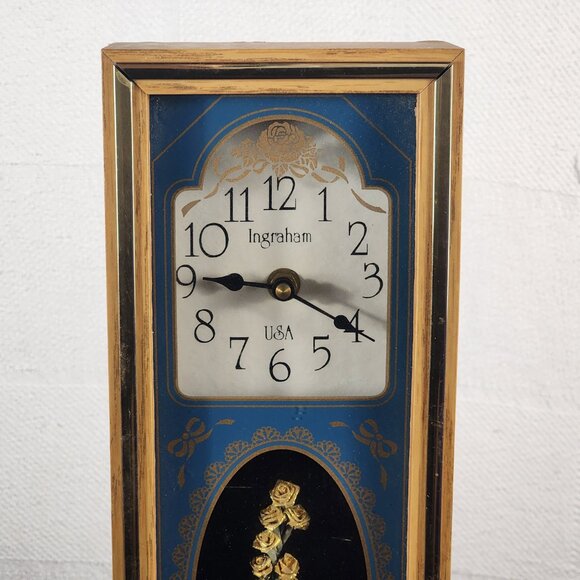 Ingraham USA Vintage Blue Gold Rose Etched Glass Quartz Analog Mantle Wall Clock - Picture 4 of 16